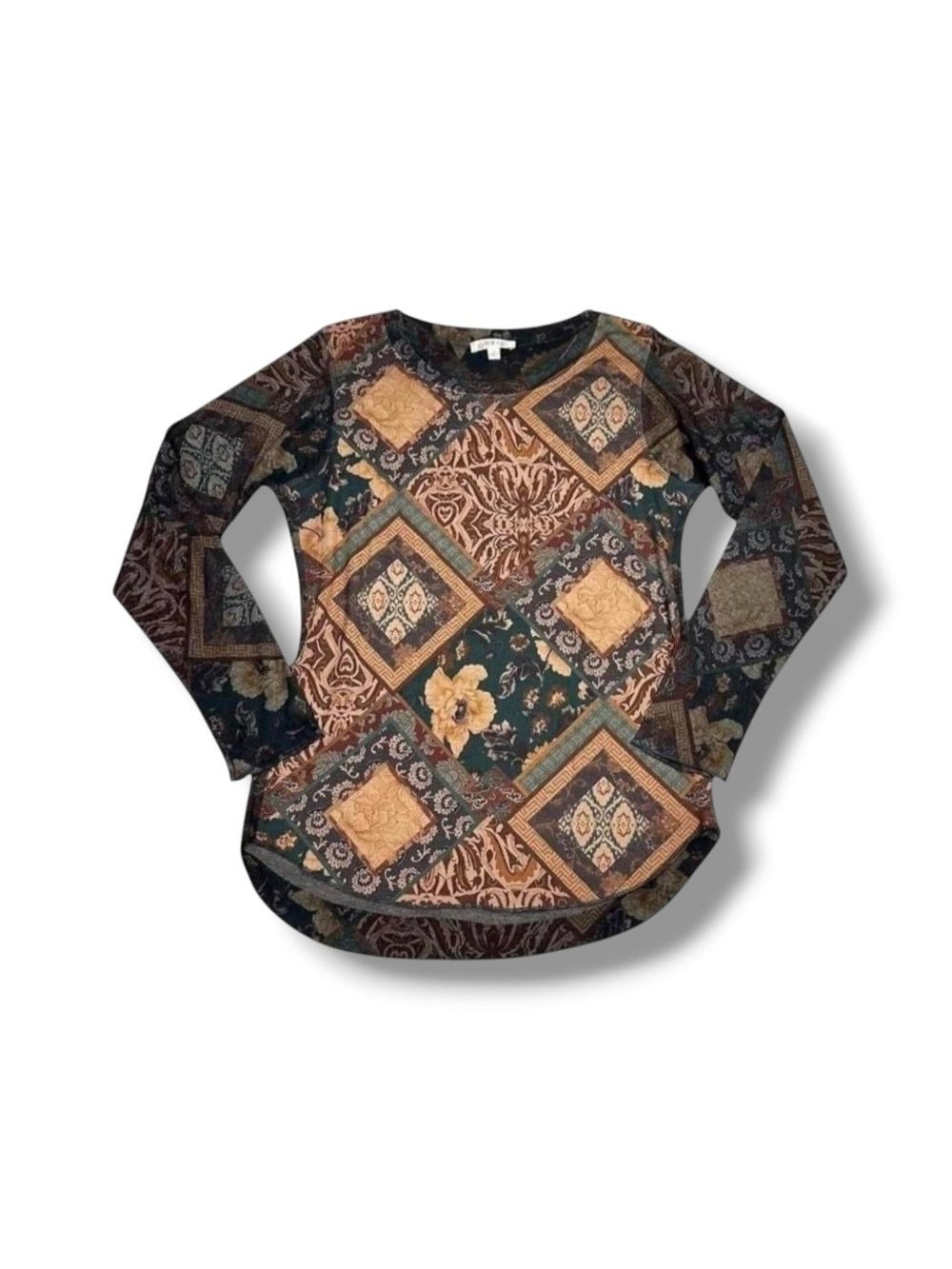 Orvis Patchwork Tapestry Pattern Long Sleeve Knit Sweater Top M 2000s Y2K Boho